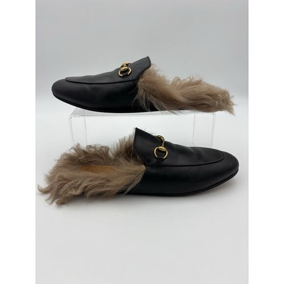 Gucci Princetown Horsebit Accent Black Leather Mules Fur Lined Size 9 39 Loafers - Picture 2 of 16